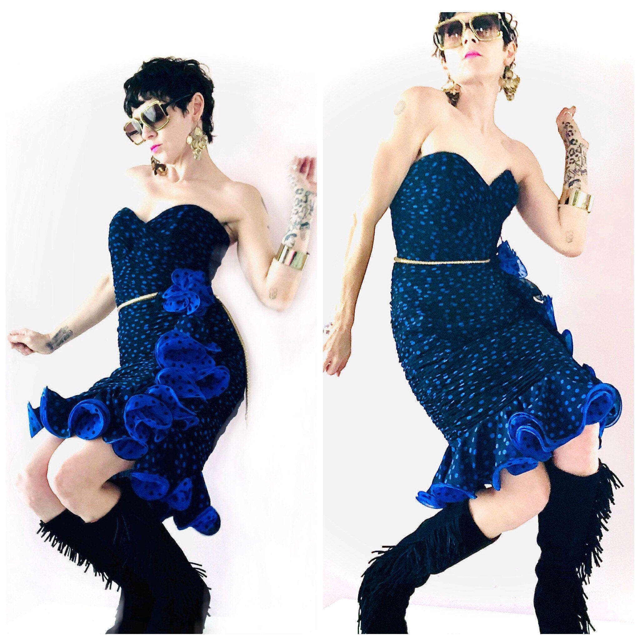 Fab vintage 80’s strapless ruched ruffle wiggle bombshell party dress