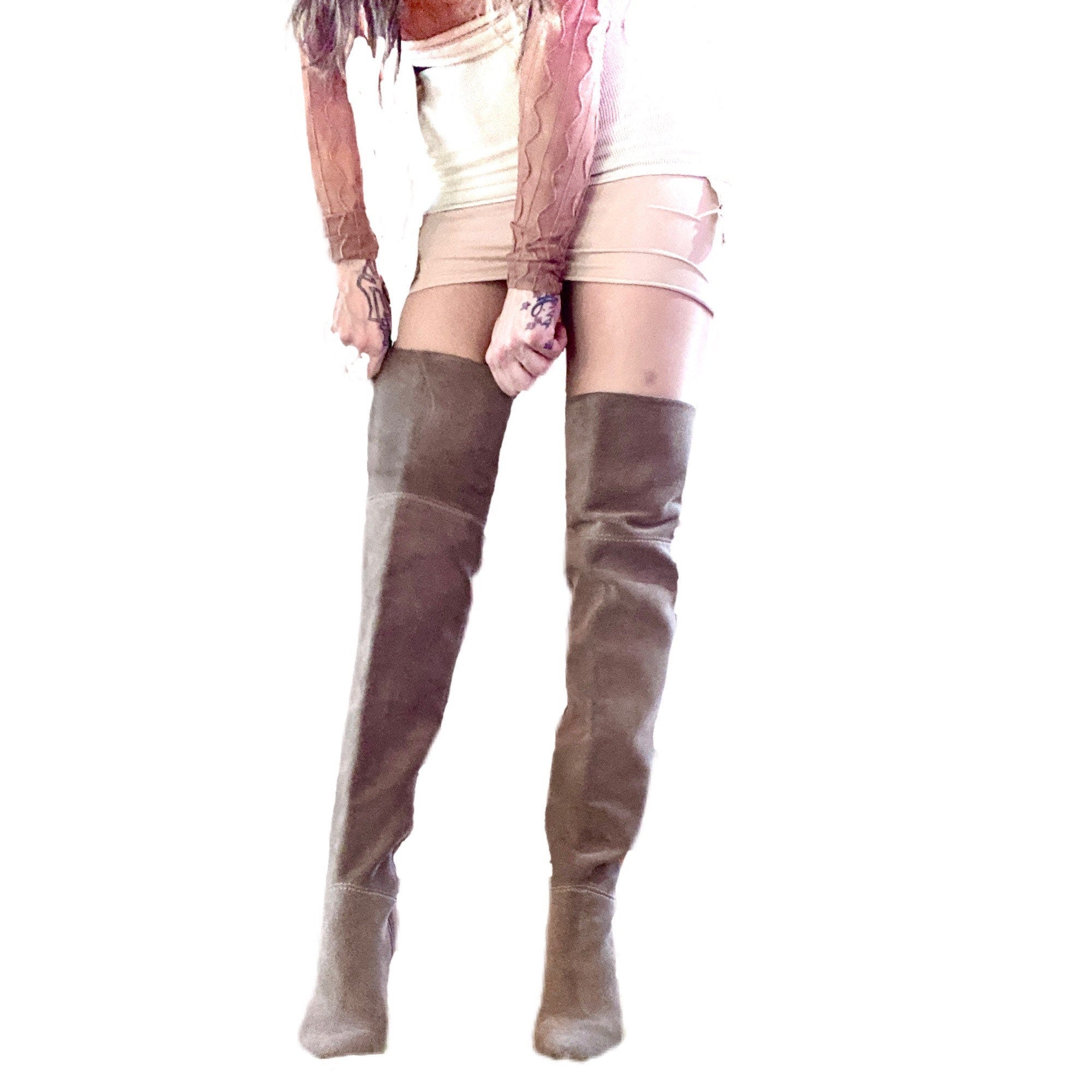 Chic modern taupe suede otk mid thigh high chunky heel boots