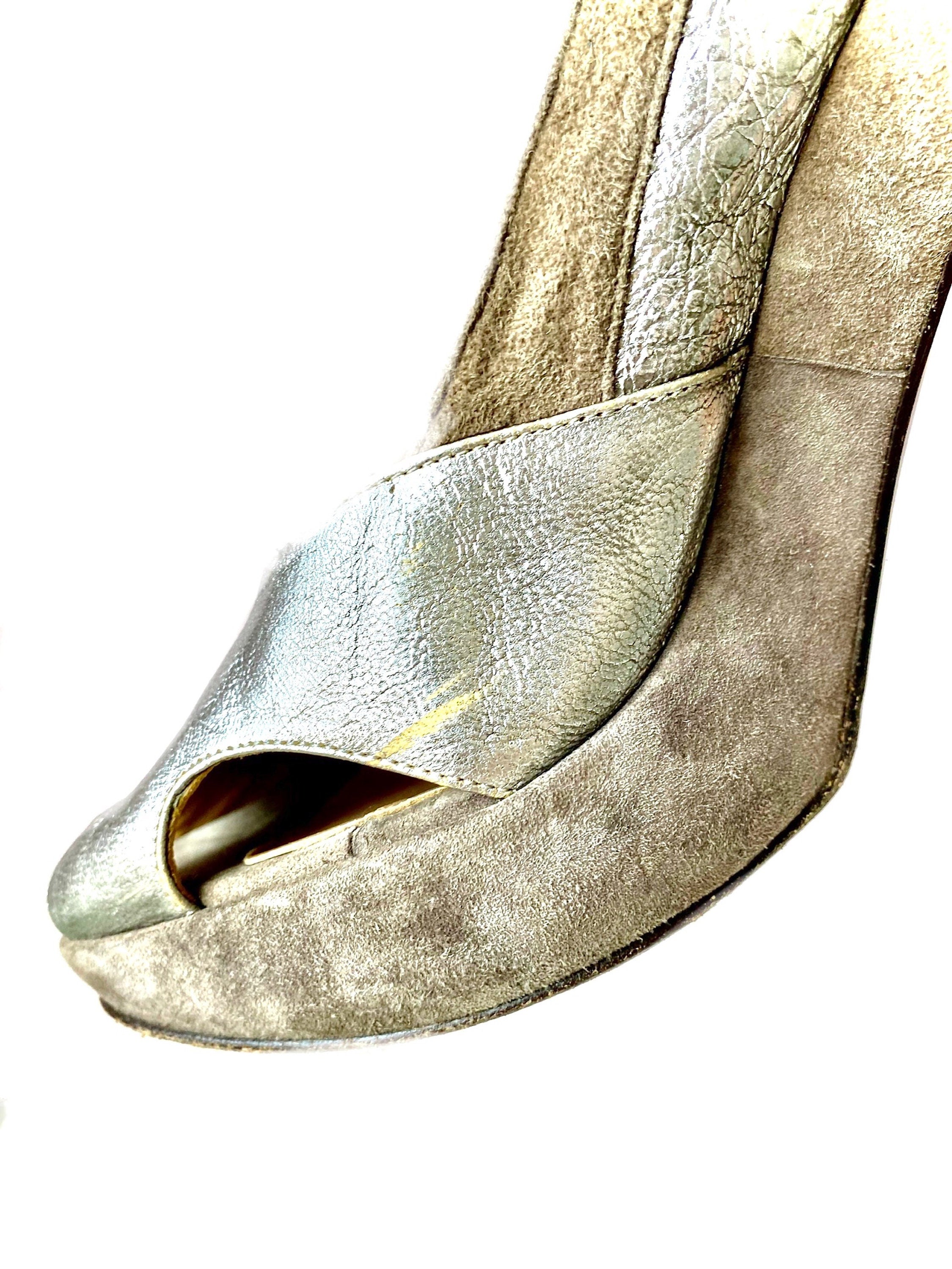 Vintage Marni chunky heel platform silver and taupe glam suede slingback