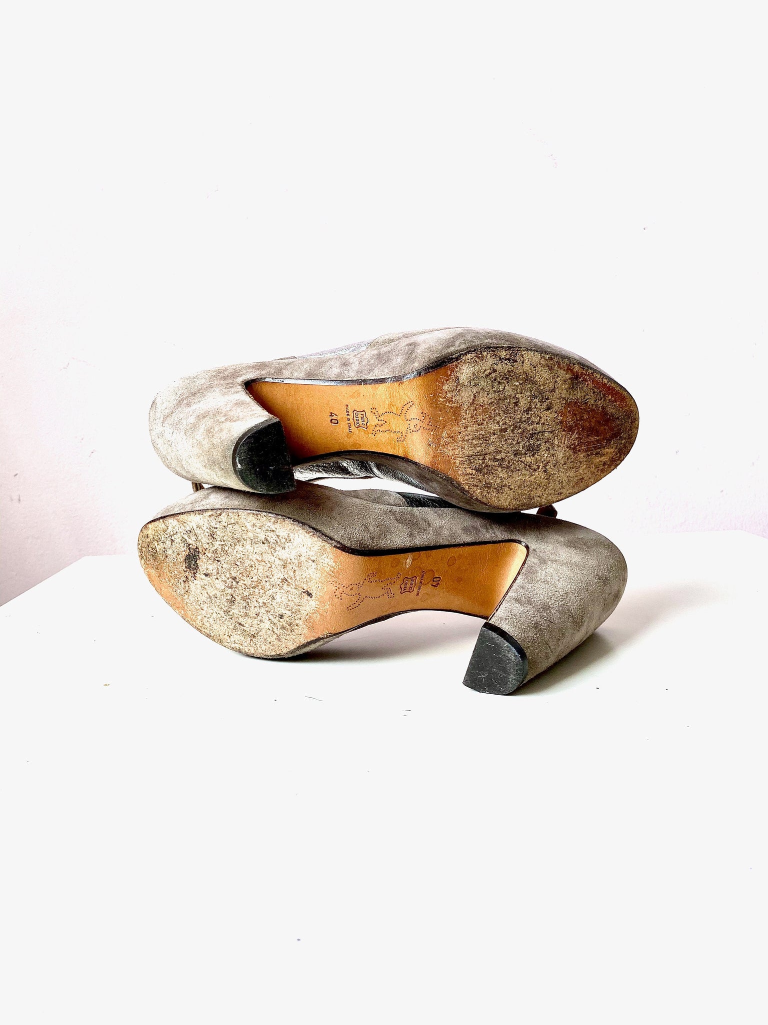 Vintage Marni chunky heel platform silver and taupe glam suede slingback